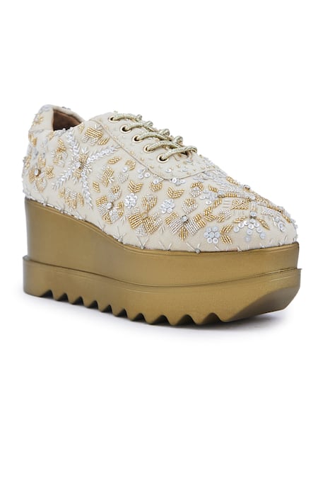 Buy Anaar Off White Embroidery, Sequins Kaleera Drop Bead Embellished Wedge Sneakers Online at Aza Fashions Buy_Anaar_Off White Embroidery, Sequins Kaleera Drop Bead Embellished Wedge Sneakers _Online_at_Aza_Fashions