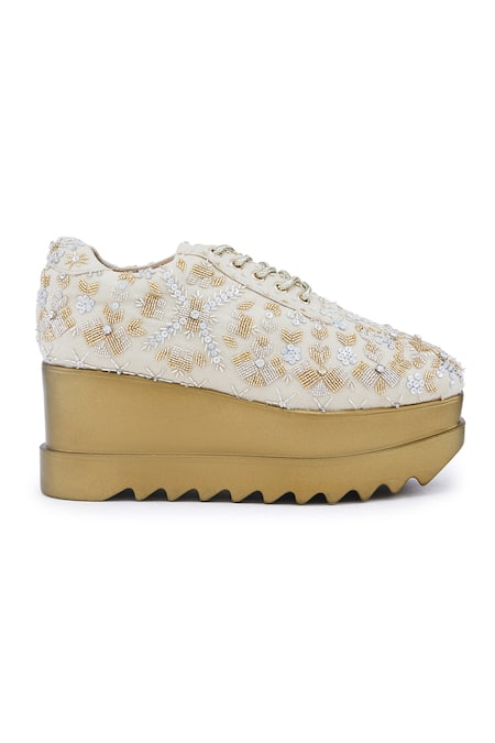 Shop Anaar Off White Embroidery, Sequins Kaleera Drop Bead Embellished Wedge Sneakers Online at Aza Fashions Shop_Anaar_Off White Embroidery, Sequins Kaleera Drop Bead Embellished Wedge Sneakers _Online_at_Aza_Fashions