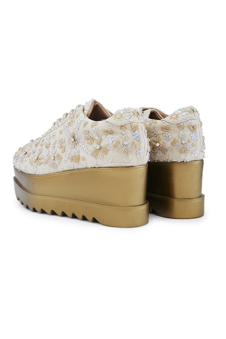 Buy Anaar Off White Embroidery, Sequins Kaleera Drop Bead Embellished Wedge Sneakers Buy_Anaar_Off White Embroidery, Sequins Kaleera Drop Bead Embellished Wedge Sneakers
