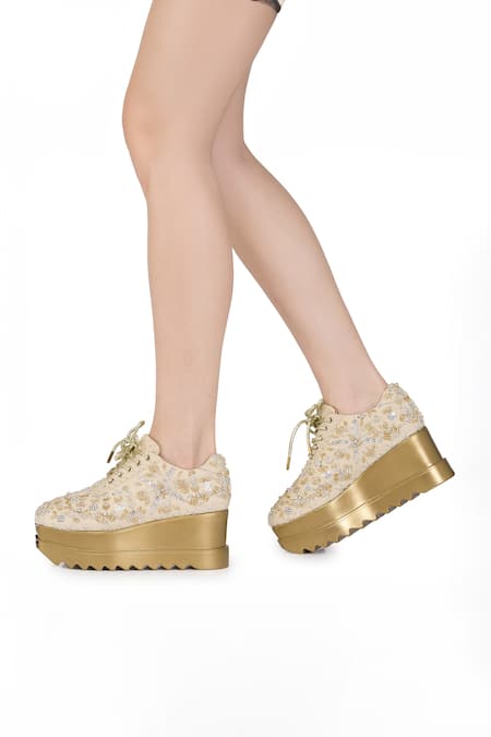 Shop Anaar Off White Embroidery, Sequins Kaleera Drop Bead Embellished Wedge Sneakers Shop_Anaar_Off White Embroidery, Sequins Kaleera Drop Bead Embellished Wedge Sneakers