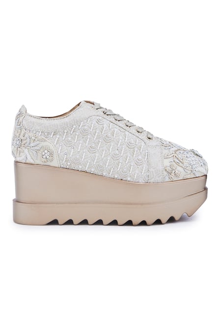 Shop Anaar Ivory Pompeii Zardozi Embroidered Wedge Sneakers Online at Aza Fashions Shop_Anaar_Ivory Pompeii Zardozi Embroidered Wedge Sneakers _Online_at_Aza_Fashions