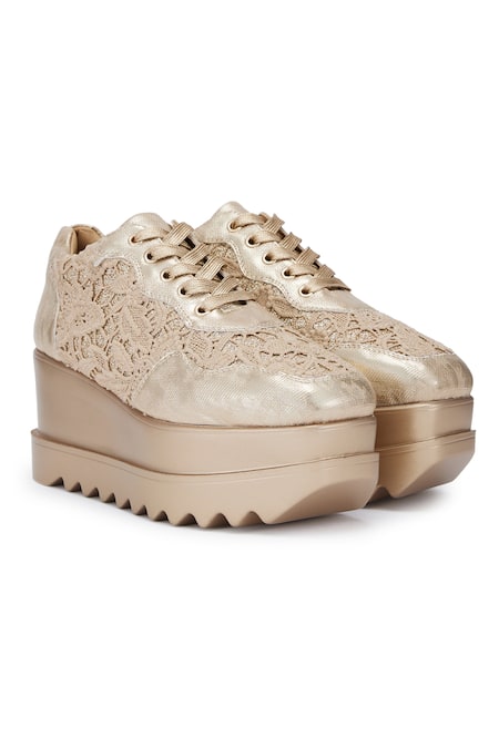 Anaar Gold Embellished Rustique Lace Wedge Sneakers 