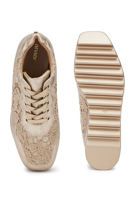 Anaar_Gold Rustique Lace Embellished Wedge Sneakers _Online_at_Aza_Fashions