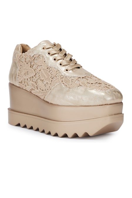 Buy_Anaar_Gold Rustique Lace Embellished Wedge Sneakers _Online_at_Aza_Fashions