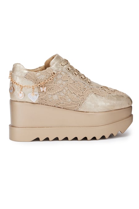 Anaar_Gold Rustique Lace Embellished Wedge Sneakers _at_Aza_Fashions
