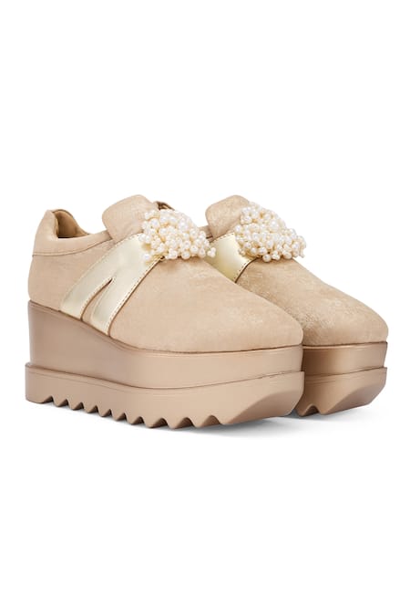 Anaar Gold Embellished Belle Of The Ball Pearl Wedge Sneakers 