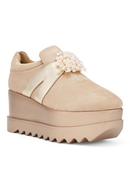 Anaar_Gold Belle Of The Ball Pearl Embellished Wedge Sneakers _Online_at_Aza_Fashions