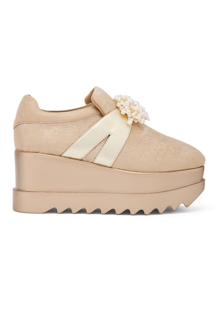 Buy_Anaar_Gold Belle Of The Ball Pearl Embellished Wedge Sneakers _Online_at_Aza_Fashions