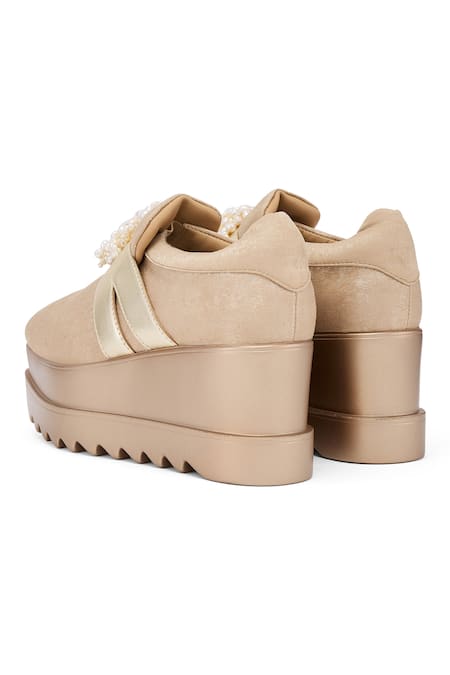 Shop_Anaar_Gold Belle Of The Ball Pearl Embellished Wedge Sneakers _Online_at_Aza_Fashions