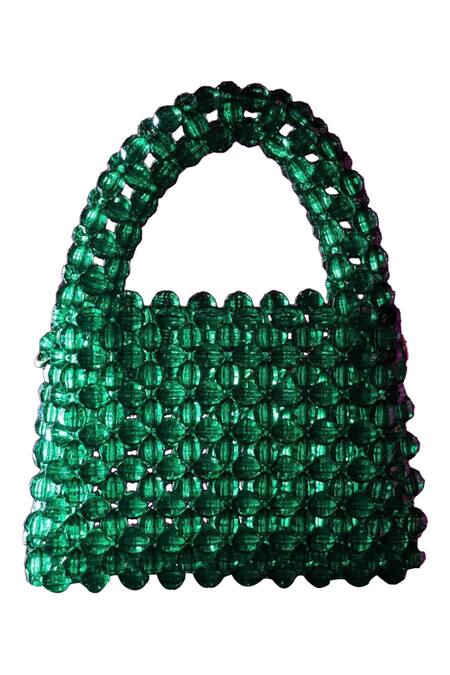 House Of Ekara_Emerald Green Beads Textured Bag _Online_at_Aza_Fashions