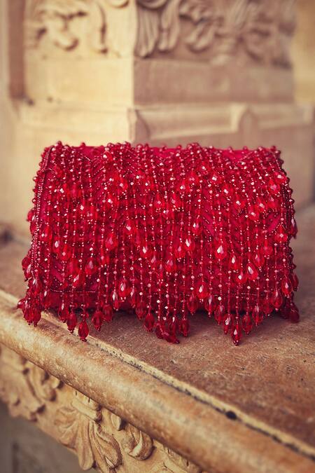 House Of Ekara_Red Embellished Velvet Crystal Tassel Flap Bag _Online_at_Aza_Fashions