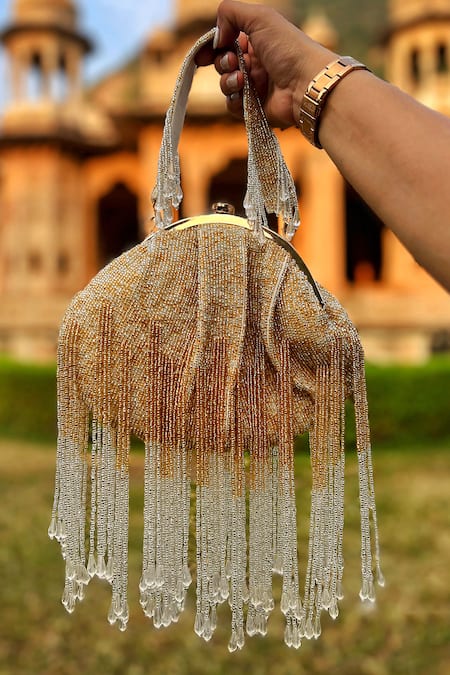 HOUSE OF EKARA Gold Embellished Shimmer Velvet Ombre Tassel Clutch 