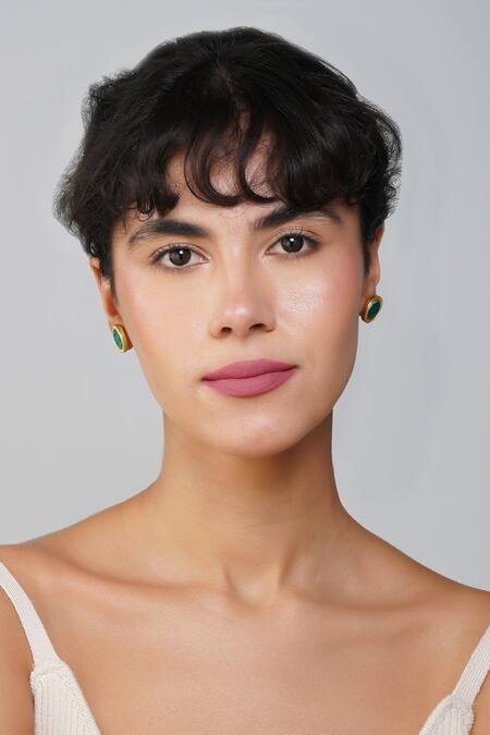 Shop_ZARIIN_Green Stones Tranquil Life Malachite Stud Earrings _Online_at_Aza_Fashions