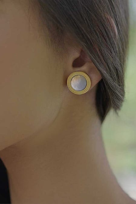 ZARIIN_White Tranquil Life Mother Of Pearl Stud Earrings _Online_at_Aza_Fashions