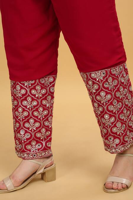 Aham-Vayam_Red Georgette, Silk Mirrors, Beads, Zari, Embroidery Meer Mughal Kurta Set _Online_at_Aza_Fashions