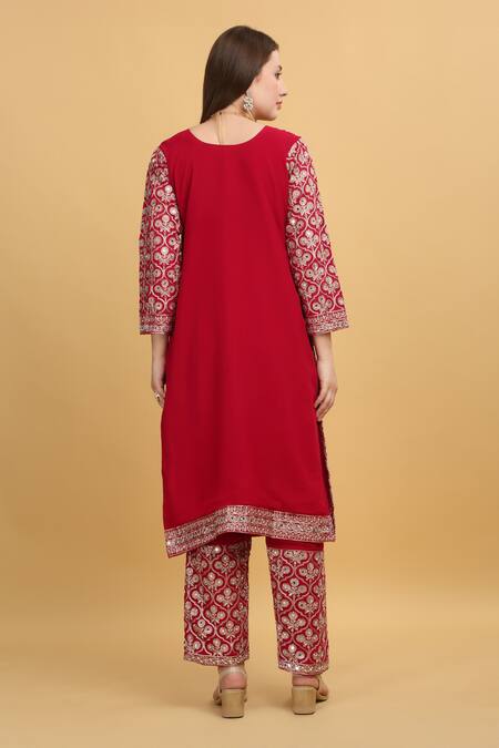 Buy_Aham-Vayam_Red Georgette, Silk Mirrors, Beads, Zari, Embroidery Meer Mughal Kurta Set _Online_at_Aza_Fashions