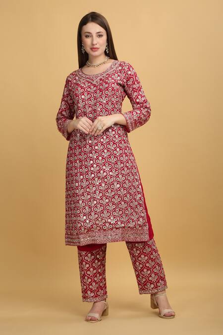 Shop_Aham-Vayam_Red Georgette, Silk Mirrors, Beads, Zari, Embroidery Meer Mughal Kurta Set _Online_at_Aza_Fashions