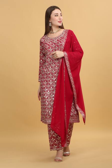 Aham-Vayam_Red Georgette, Silk Mirrors, Beads, Zari, Embroidery Meer Mughal Kurta Set _at_Aza_Fashions