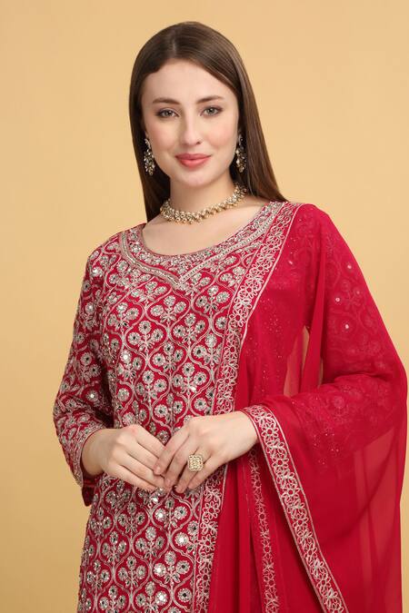 Buy_Aham-Vayam_Red Georgette, Silk Mirrors, Beads, Zari, Embroidery Meer Mughal Kurta Set 