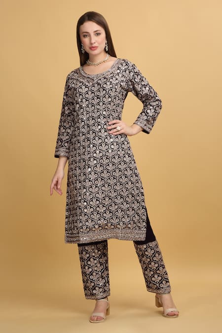 Buy_Aham-Vayam_Purple Georgette, Silk Zari, Mirrors, Beads, Embroidery Meer Floral Kurta Set _Online_at_Aza_Fashions