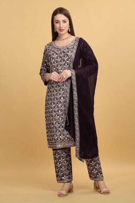 Shop_Aham-Vayam_Purple Georgette, Silk Zari, Mirrors, Beads, Embroidery Meer Floral Kurta Set _Online_at_Aza_Fashions