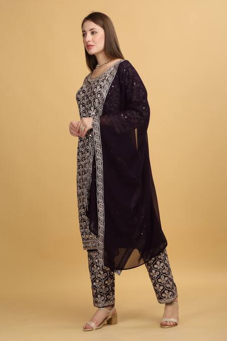 Aham-Vayam_Purple Georgette, Silk Zari, Mirrors, Beads, Embroidery Meer Floral Kurta Set _at_Aza_Fashions