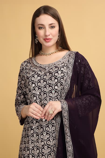Buy_Aham-Vayam_Purple Georgette, Silk Zari, Mirrors, Beads, Embroidery Meer Floral Kurta Set 