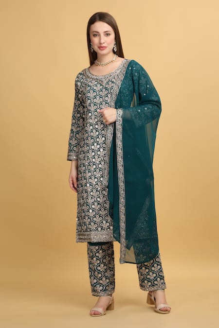 Shop_Aham-Vayam_Green Georgette, Silk Beads, Mirrors, Zari Round Meer Emboridered Kurta Set _Online_at_Aza_Fashions