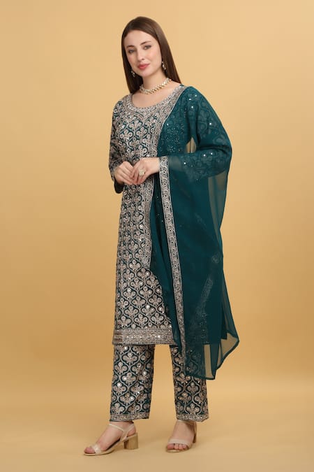 Aham-Vayam_Green Georgette, Silk Beads, Mirrors, Zari Round Meer Emboridered Kurta Set _at_Aza_Fashions