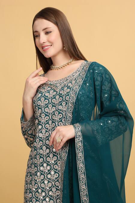 Buy_Aham-Vayam_Green Georgette, Silk Beads, Mirrors, Zari Round Meer Emboridered Kurta Set 