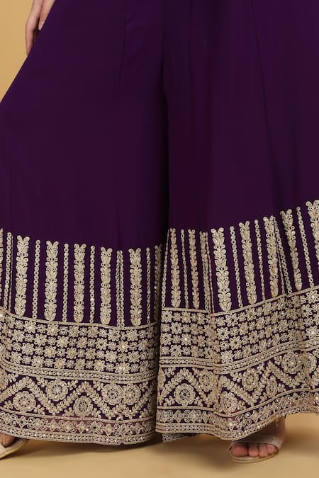 Aham-Vayam_Purple Georgette, Silk Mirrors, Beads, Zari, Firdaus Floral Stripe Kurta Set _Online_at_Aza_Fashions