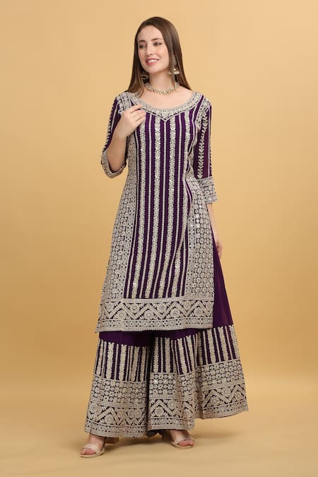 Buy_Aham-Vayam_Purple Georgette, Silk Mirrors, Beads, Zari, Firdaus Floral Stripe Kurta Set _Online_at_Aza_Fashions