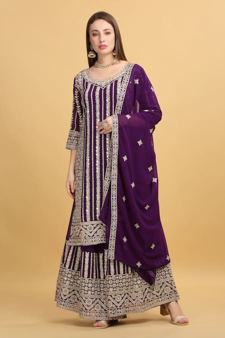 Shop_Aham-Vayam_Purple Georgette, Silk Mirrors, Beads, Zari, Firdaus Floral Stripe Kurta Set _Online_at_Aza_Fashions