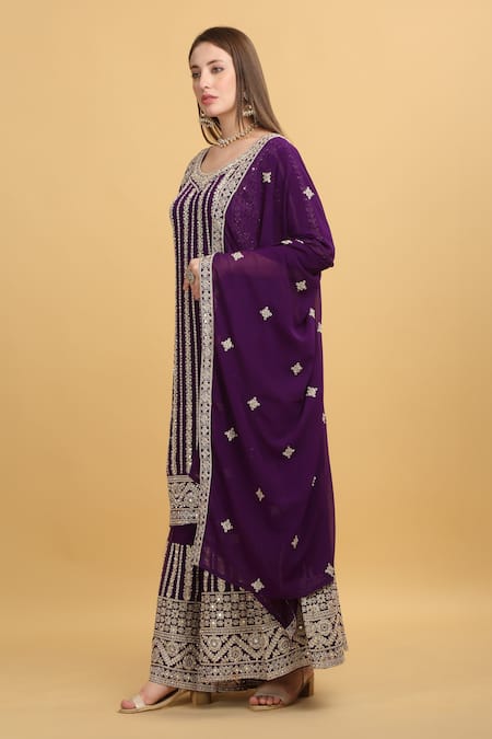 Aham-Vayam_Purple Georgette, Silk Mirrors, Beads, Zari, Firdaus Floral Stripe Kurta Set _at_Aza_Fashions