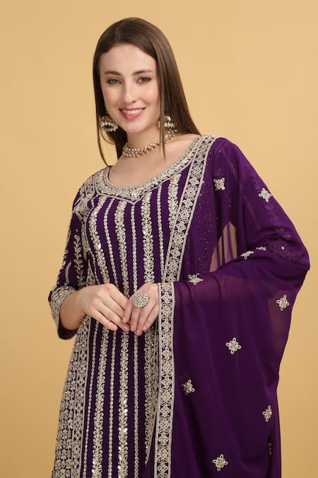 Buy_Aham-Vayam_Purple Georgette, Silk Mirrors, Beads, Zari, Firdaus Floral Stripe Kurta Set 