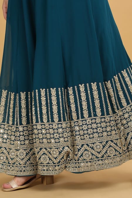 Aham-Vayam_Green Georgette, Silk Mirrors, Beads, Zari Firdaus Thread Embroidered Kurta Set _Online_at_Aza_Fashions