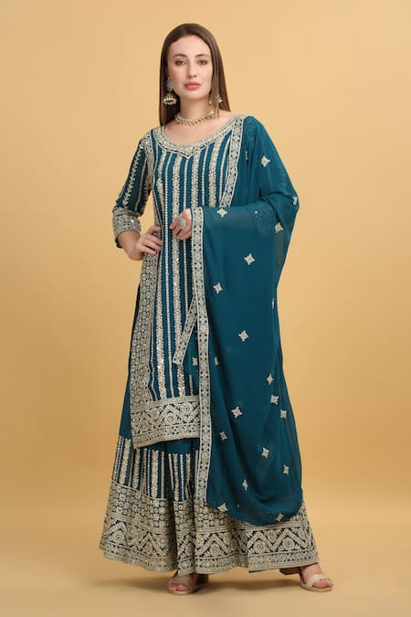 Shop_Aham-Vayam_Green Georgette, Silk Mirrors, Beads, Zari Firdaus Thread Embroidered Kurta Set _Online_at_Aza_Fashions