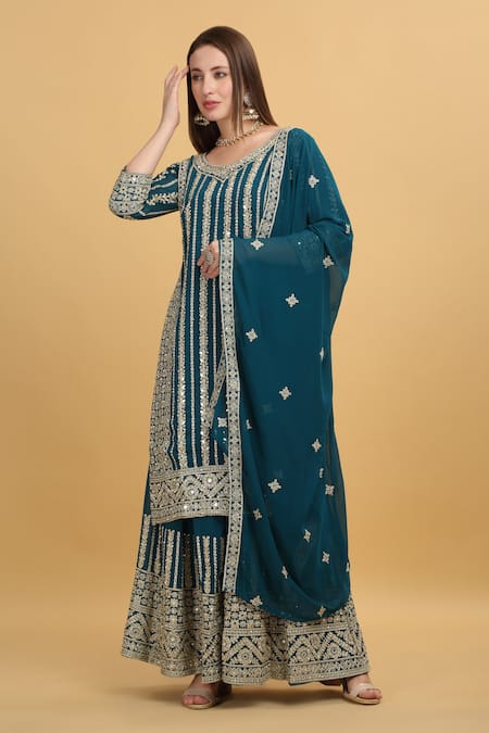 Aham-Vayam_Green Georgette, Silk Mirrors, Beads, Zari Firdaus Thread Embroidered Kurta Set _at_Aza_Fashions