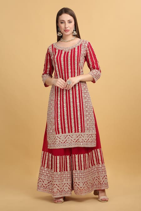 Aham-Vayam_Red Georgette, Silk Mirrors, Beads, Zari, Embroidery Firdaus Thread Kurta Set _Online_at_Aza_Fashions