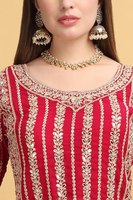 Buy_Aham-Vayam_Red Georgette, Silk Mirrors, Beads, Zari, Embroidery Firdaus Thread Kurta Set _Online_at_Aza_Fashions