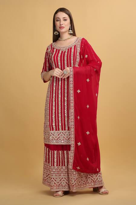 Shop_Aham-Vayam_Red Georgette, Silk Mirrors, Beads, Zari, Embroidery Firdaus Thread Kurta Set _Online_at_Aza_Fashions