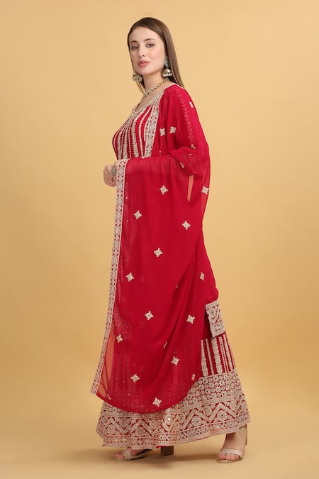 Aham-Vayam_Red Georgette, Silk Mirrors, Beads, Zari, Embroidery Firdaus Thread Kurta Set _at_Aza_Fashions