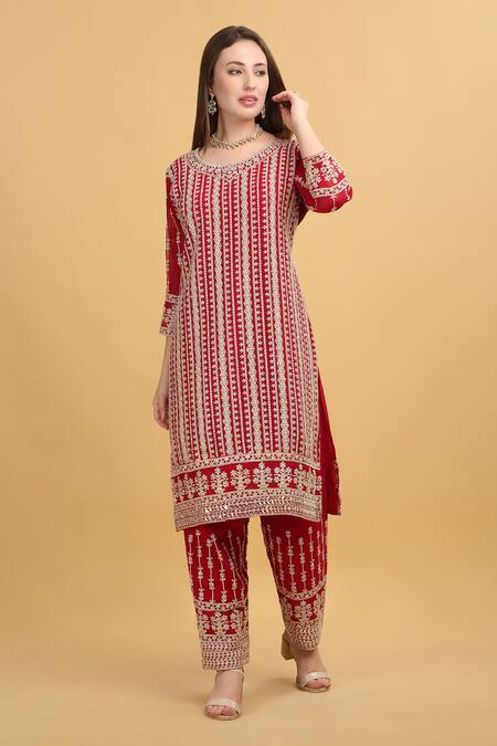 Buy_Aham-Vayam_Red Georgette, Silk Sequins, Zari, Embroidery Round Neck Khoobsurat Kurta Set _Online_at_Aza_Fashions