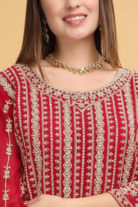 Shop_Aham-Vayam_Red Georgette, Silk Sequins, Zari, Embroidery Round Neck Khoobsurat Kurta Set _Online_at_Aza_Fashions