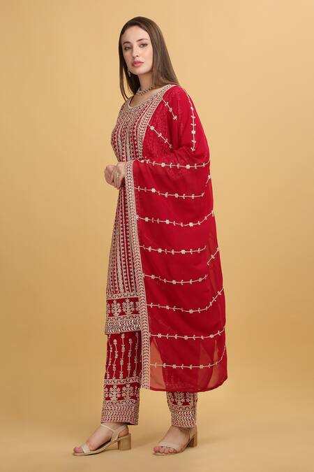 Aham-Vayam_Red Georgette, Silk Sequins, Zari, Embroidery Round Neck Khoobsurat Kurta Set _at_Aza_Fashions