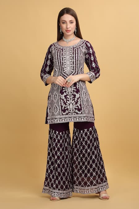 Buy_Aham-Vayam_Purple Georgette, Silk Embroidery, Sequins, Kasbah Zari Thread Kurta Set _Online_at_Aza_Fashions