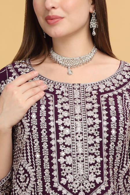 Shop_Aham-Vayam_Purple Georgette, Silk Embroidery, Sequins, Kasbah Zari Thread Kurta Set _Online_at_Aza_Fashions