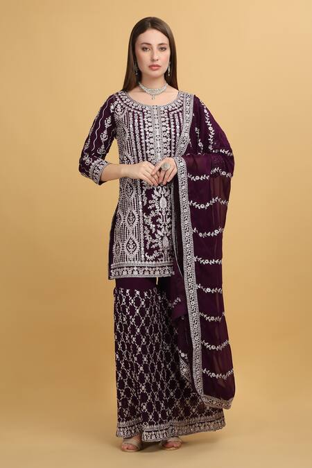 Aham-Vayam_Purple Georgette, Silk Embroidery, Sequins, Kasbah Zari Thread Kurta Set _at_Aza_Fashions