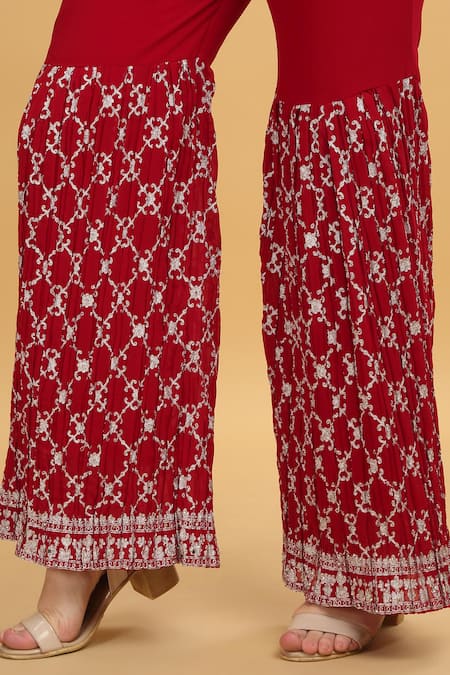 Aham-Vayam_Red Georgette, Silk Embroidery, Zari, Mirrors Kasbah Thread Kurta Sharara Set _Online_at_Aza_Fashions