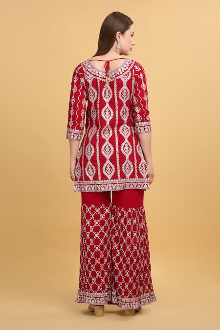 Buy_Aham-Vayam_Red Georgette, Silk Embroidery, Zari, Mirrors Kasbah Thread Kurta Sharara Set _Online_at_Aza_Fashions